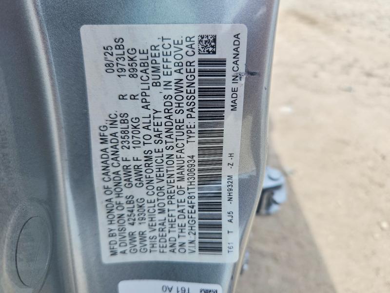 Продажа на аукционе авто 2026 Honda Civic, vin: 2HGFE4F81TH306934, номер лота: 55969046