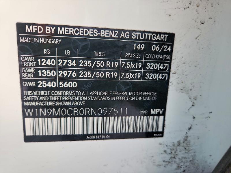 2024 Mercedes-benz Eqb მანქანა იყიდება აუქციონზე, vin: W1N9M0CB0RN097511, აუქციონის ნომერი: 57218526