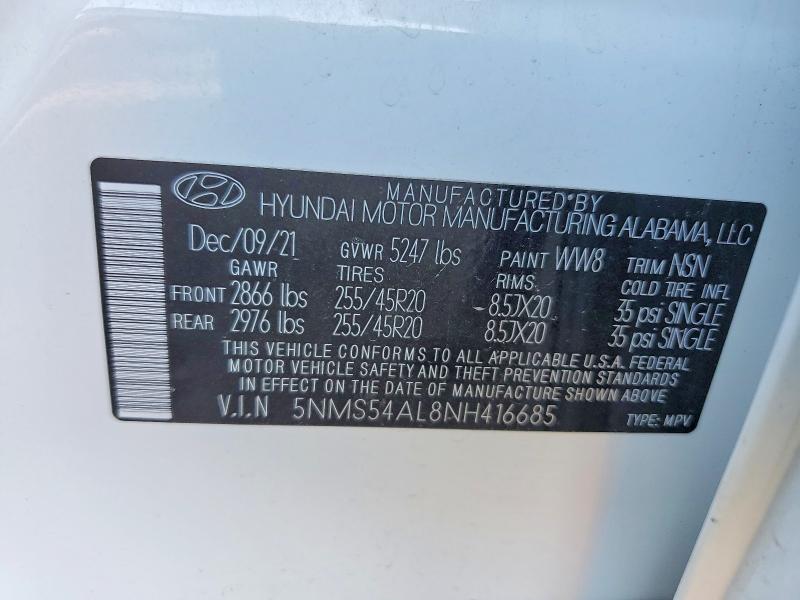 2022 Hyundai Santa Fe მანქანა იყიდება აუქციონზე, vin: 5NMS54AL8NH416685, აუქციონის ნომერი: 55853836