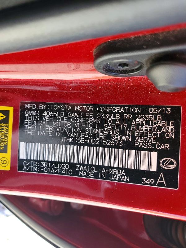 Aukcja sprzedaży 2013 Lexus Ct, vin: JTHKD5BH0D2152673, numer aukcji: 56713726