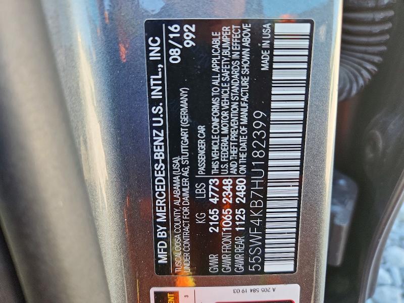 Aukcja sprzedaży 2017 Mercedes-benz C, vin: 55SWF4KB7HU182399, numer aukcji: 58096706