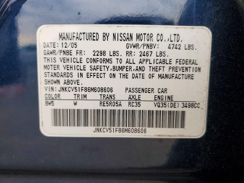 Aukcja sprzedaży 2006 Infiniti G35, vin: JNKCV51F86M608606, numer aukcji: 58264436