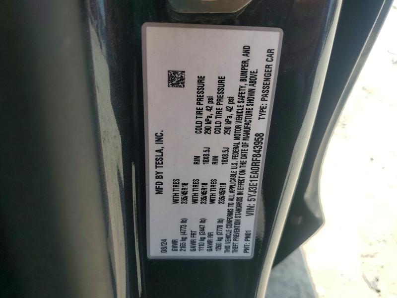 2024 Tesla Model 3 მანქანა იყიდება აუქციონზე, vin: 5YJ3E1EA0RF843958, აუქციონის ნომერი: 59067506