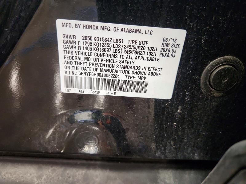 Aukcja sprzedaży 2018 Honda Pilot, vin: 5FNYF6H00JB062204, numer aukcji: 56832376