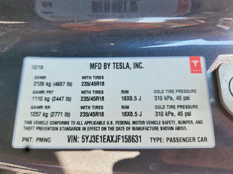 58951306 :رقم المزاد ، 5YJ3E1EAXJF158631 vin ، 2018 Tesla Model 3 مزاد بيع