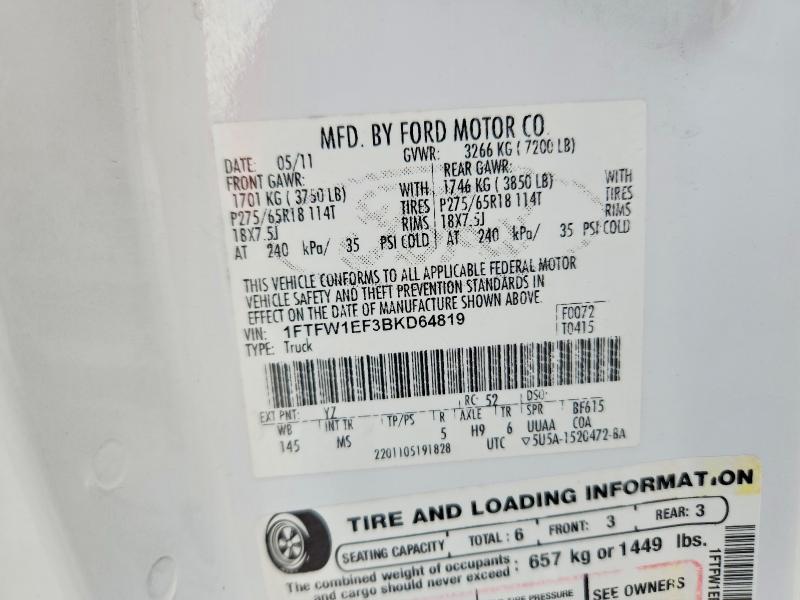56977626 :رقم المزاد ، 1FTFW1EF3BKD64819 vin ، 2011 Ford F150 مزاد بيع