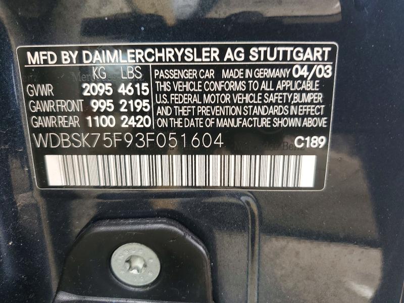 2003 Mercedes-benz Sl მანქანა იყიდება აუქციონზე, vin: WDBSK75F93F051604, აუქციონის ნომერი: 56671076