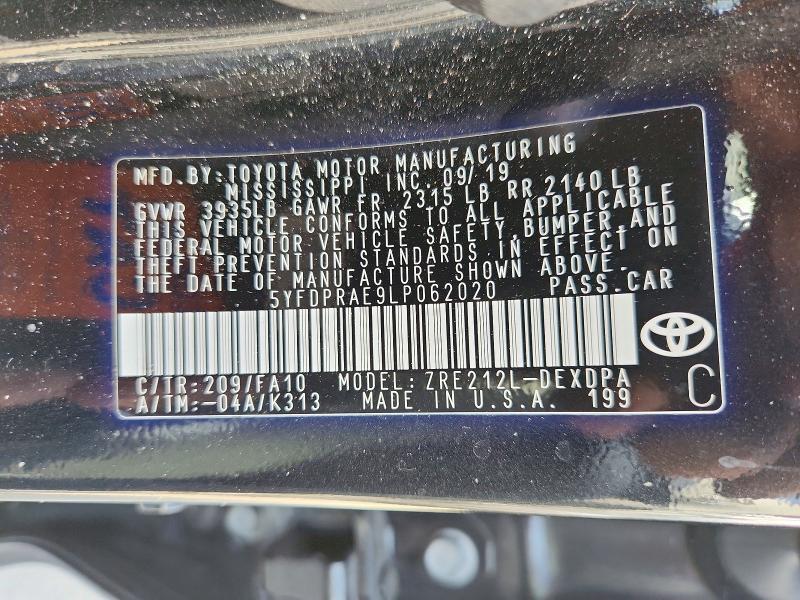 58483706 :رقم المزاد ، 5YFDPRAE9LP062020 vin ، 2020 Toyota Corolla مزاد بيع