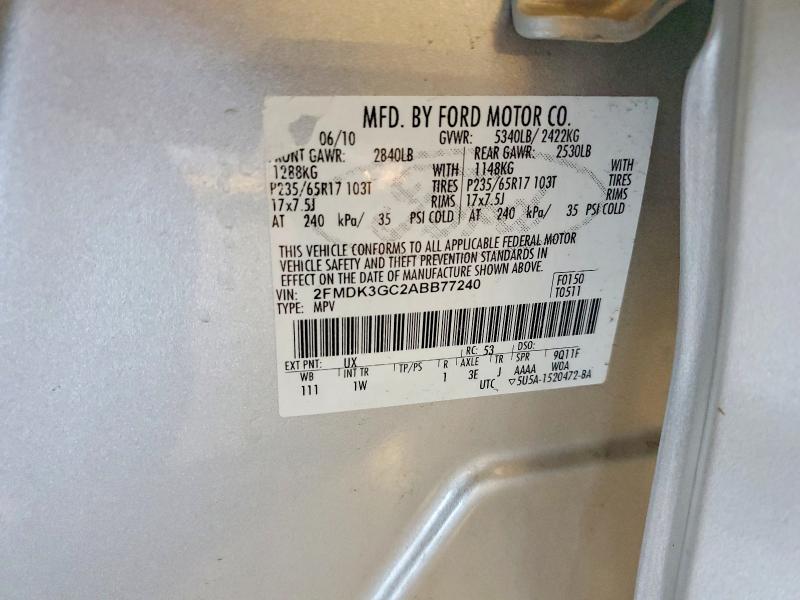 2010 Ford Edge მანქანა იყიდება აუქციონზე, vin: 2FMDK3GC2ABB77240, აუქციონის ნომერი: 58041506