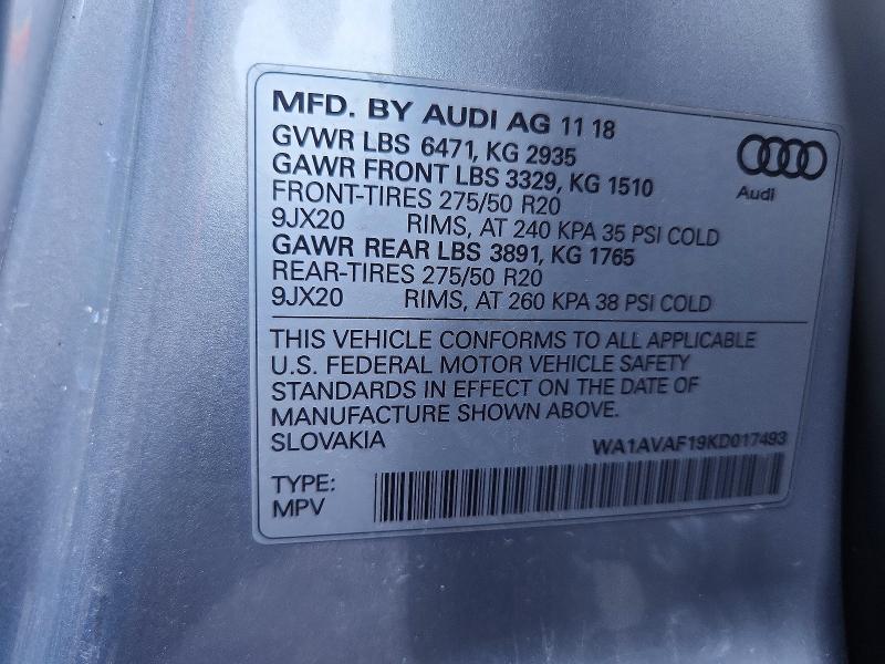 58136486 :رقم المزاد ، WA1AVAF19KD017493 vin ، 2019 Audi Q8 مزاد بيع