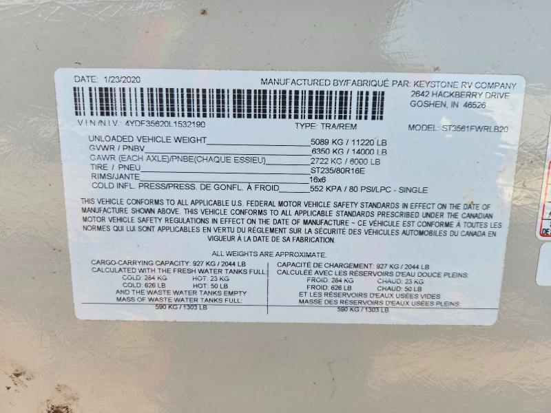 Продажа на аукционе авто 2020 Keystone Sprinter, vin: 4YDF35620L1532190, номер лота: 57774446