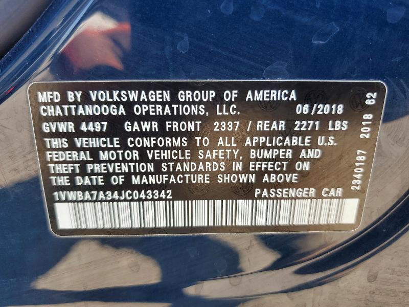 Продажа на аукционе авто 2018 Volkswagen Passat, vin: 1VWBA7A34JC043342, номер лота: 57196256
