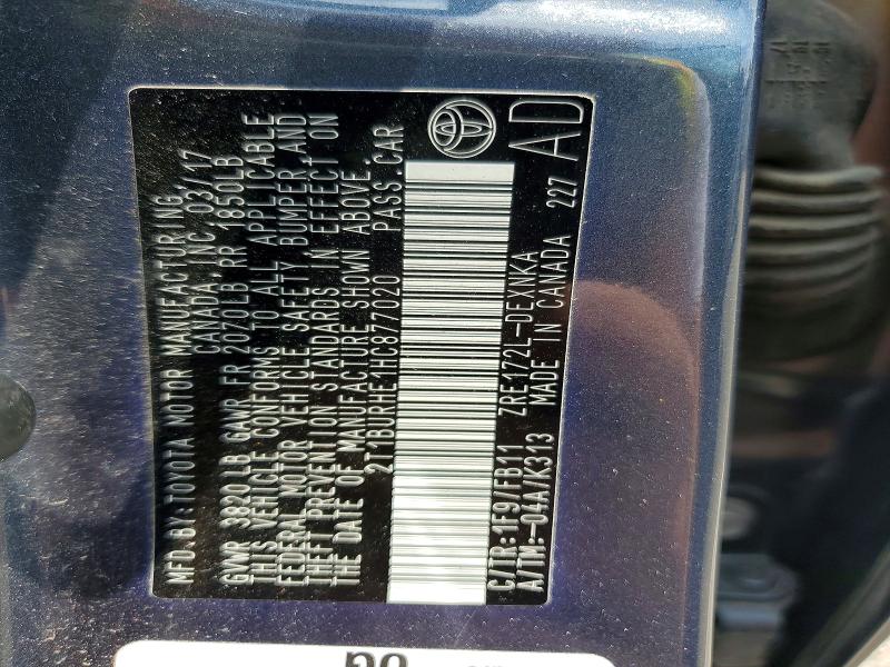 2017 Toyota Corolla მანქანა იყიდება აუქციონზე, vin: 2T1BURHE1HC877020, აუქციონის ნომერი: 56187396