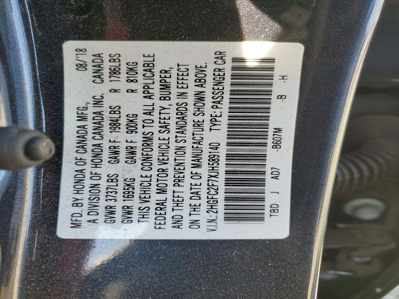 Продаж на аукціоні авто 2018 Honda Civic, vin: 2HGFC2F7XJH589140, номер лоту: 59112556