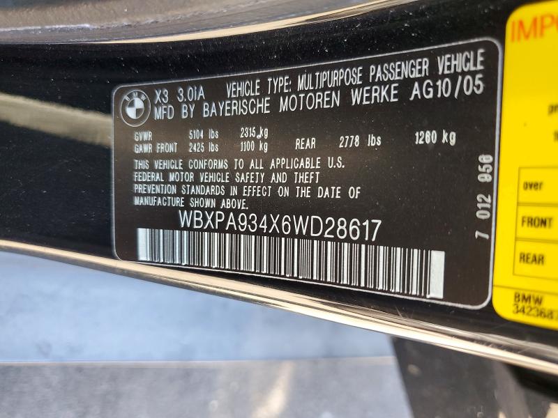 2006 Bmw X3 მანქანა იყიდება აუქციონზე, vin: WBXPA934X6WD28617, აუქციონის ნომერი: 56329296
