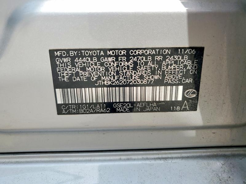 Aukcja sprzedaży 2007 Lexus Is, vin: JTHBK262072030877, numer aukcji: 53704966