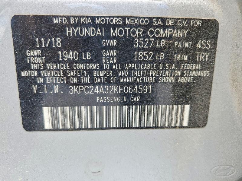 2019 Hyundai Accent მანქანა იყიდება აუქციონზე, vin: 3KPC24A32KE064591, აუქციონის ნომერი: 58431216