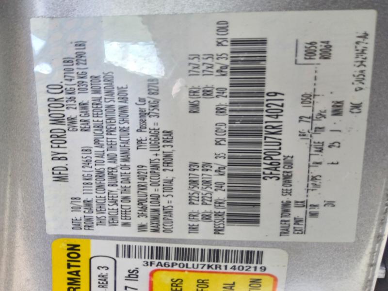 Aukcja sprzedaży 2019 Ford Fusion, vin: 3FA6P0LU7KR140219, numer aukcji: 59199566