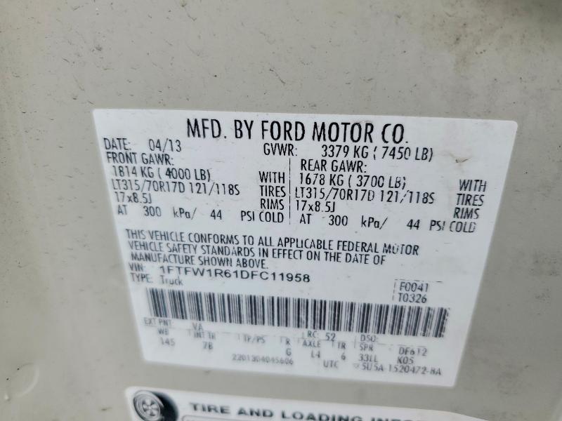 2013 Ford F150 მანქანა იყიდება აუქციონზე, vin: 1FTFW1R61DFC11958, აუქციონის ნომერი: 58086896