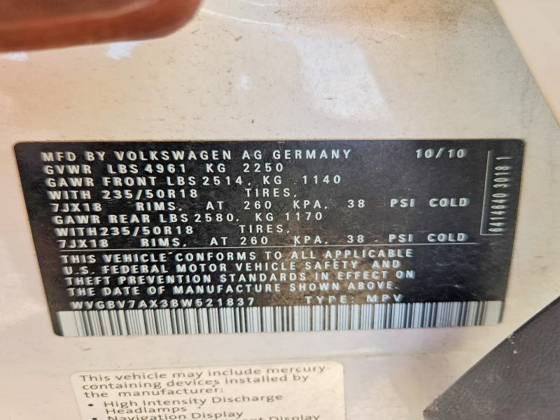 2011 Volkswagen Tiguan მანქანა იყიდება აუქციონზე, vin: WVGBV7AX3BW521837, აუქციონის ნომერი: 58353446