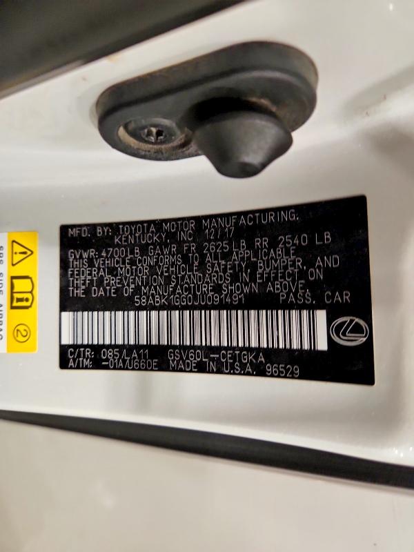 Aukcja sprzedaży 2018 Lexus Es, vin: 58ABK1GG0JU091491, numer aukcji: 56354406