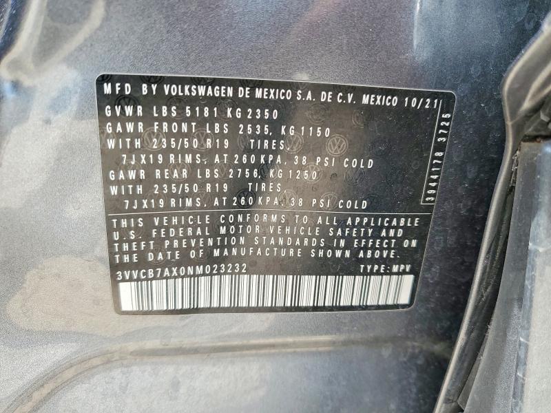 2022 Volkswagen Tiguan მანქანა იყიდება აუქციონზე, vin: 3VVCB7AX0NM023232, აუქციონის ნომერი: 58151026
