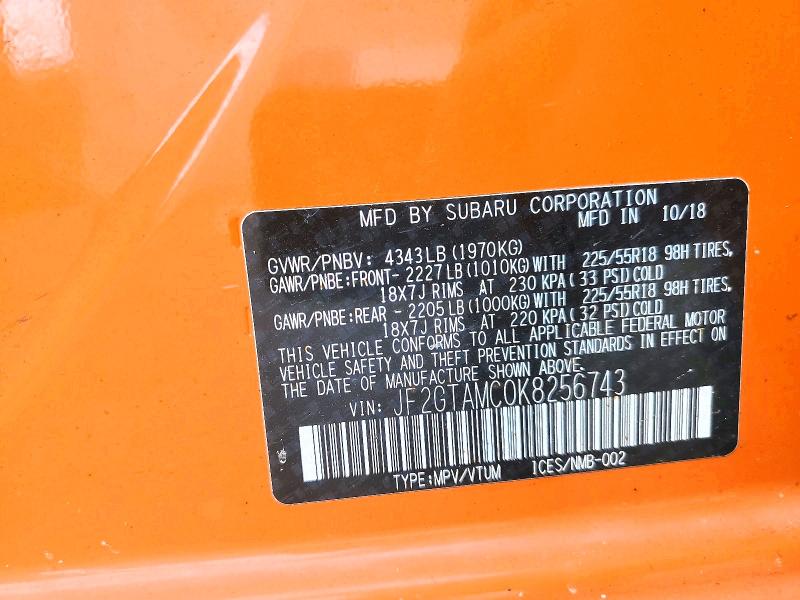 57861456 :رقم المزاد ، JF2GTAMC0K8256743 vin ، 2019 Subaru Crosstrek مزاد بيع