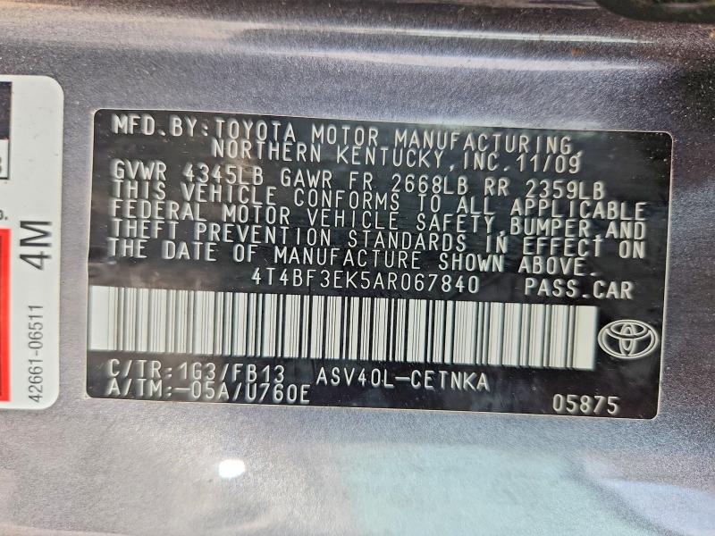56736596 :رقم المزاد ، 4T4BF3EK5AR067840 vin ، 2010 Toyota Camry مزاد بيع