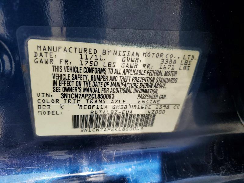 Продажа на аукционе авто 2012 Nissan Versa, vin: 3N1CN7AP2CL850063, номер лота: 56319466
