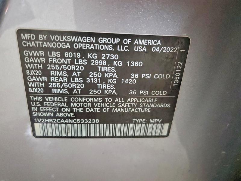 Auction sale of the 2022 Volkswagen Atlas, vin: 1V2HR2CA4NC533238, lot number: 55328386