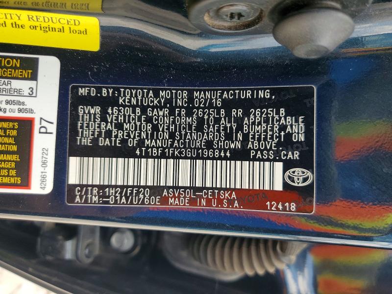 Aukcja sprzedaży 2016 Toyota Camry, vin: 4T1BF1FK3GU196844, numer aukcji: 57727406