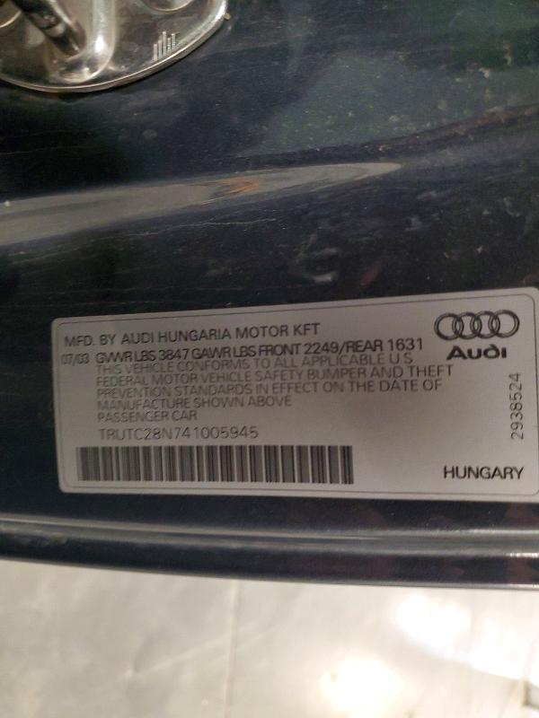 2004 Audi Tt მანქანა იყიდება აუქციონზე, vin: TRUTC28N741005945, აუქციონის ნომერი: 57809706