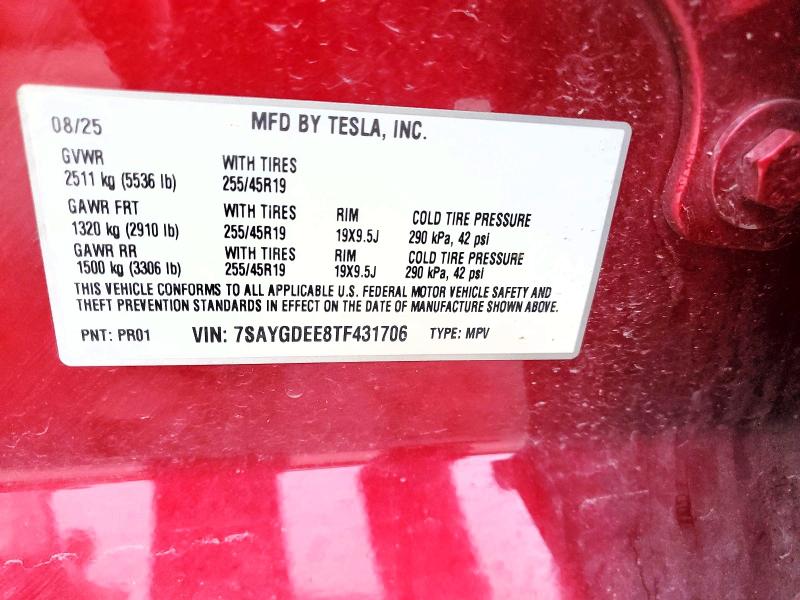 Aukcja sprzedaży 2026 Tesla Model Y, vin: 7SAYGDEE8TF431706, numer aukcji: 58957026