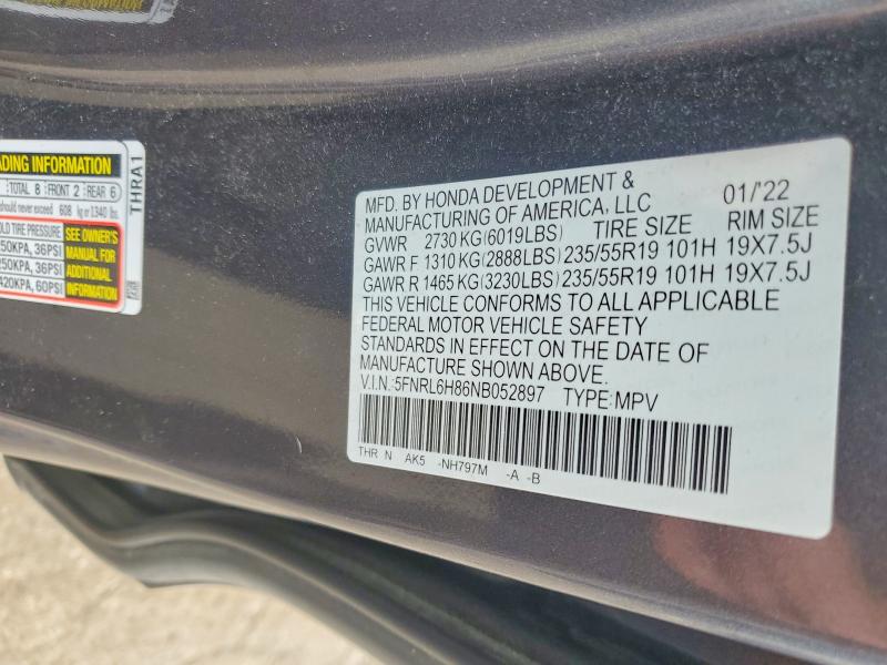 58652196 :رقم المزاد ، 5FNRL6H86NB052897 vin ، 2022 Honda Odyssey مزاد بيع