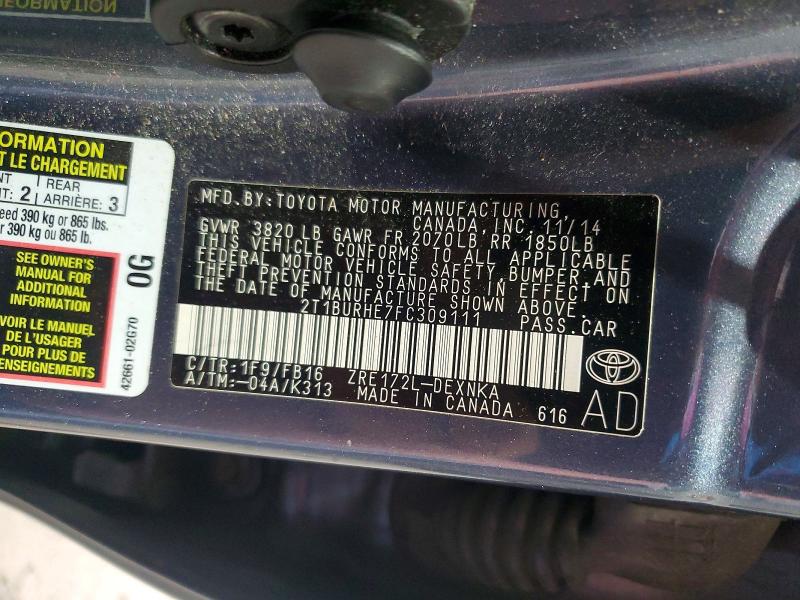 57854806 :رقم المزاد ، 2T1BURHE7FC309111 vin ، 2015 Toyota Corolla مزاد بيع