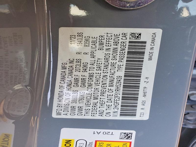 2024 Honda Civic მანქანა იყიდება აუქციონზე, vin: 2HGFE2F51RH528439, აუქციონის ნომერი: 56768926