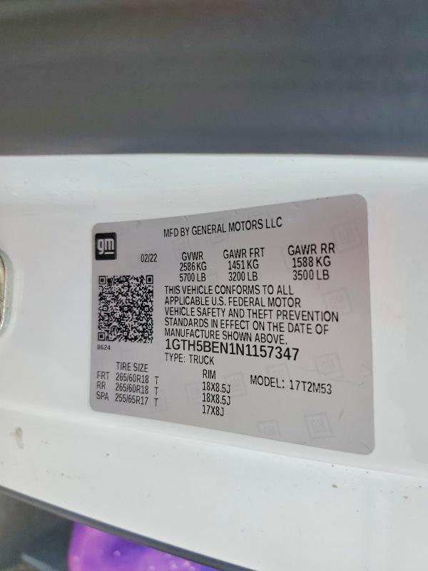 56931586 :رقم المزاد ، 1GTH5BEN1N1157347 vin ، 2022 Gmc Canyon مزاد بيع