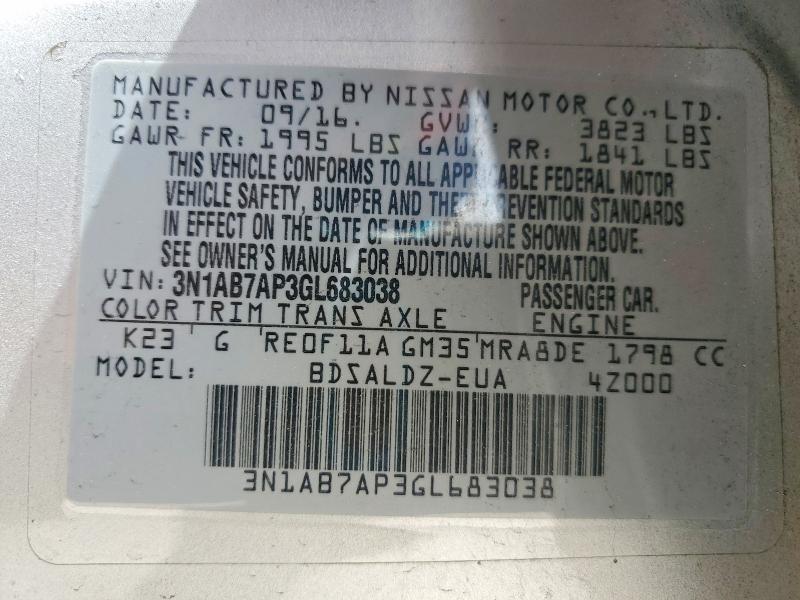 Aukcja sprzedaży 2016 Nissan Sentra, vin: 3N1AB7AP3GL683038, numer aukcji: 58113586