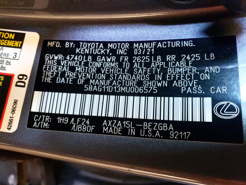 Aukcja sprzedaży 2021 Lexus Es 250, vin: 58AG11D13MU006575, numer aukcji: 57352496