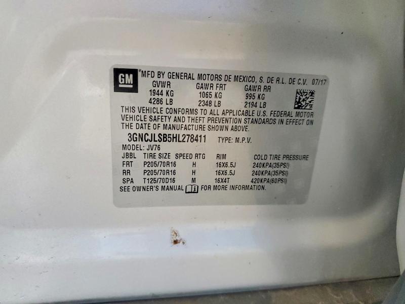 2017 Chevrolet Trax მანქანა იყიდება აუქციონზე, vin: 3GNCJLSB5HL278411, აუქციონის ნომერი: 56069916