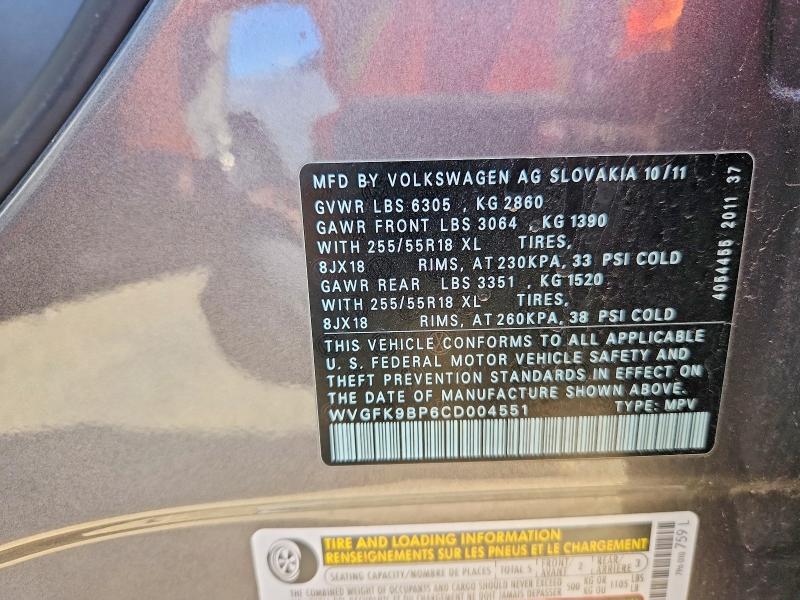 Продаж на аукціоні авто 2012 Volkswagen Touareg, vin: WVGFK9BP6CD004551, номер лоту: 57039026