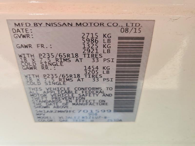 59345666 :رقم المزاد ، 5N1AR2MN9FC701599 vin ، 2015 Nissan Pathfinder مزاد بيع