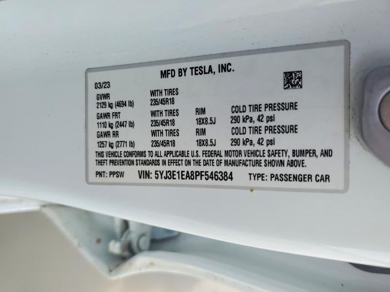2023 Tesla Model 3 მანქანა იყიდება აუქციონზე, vin: 5YJ3E1EA8PF546384, აუქციონის ნომერი: 57090486
