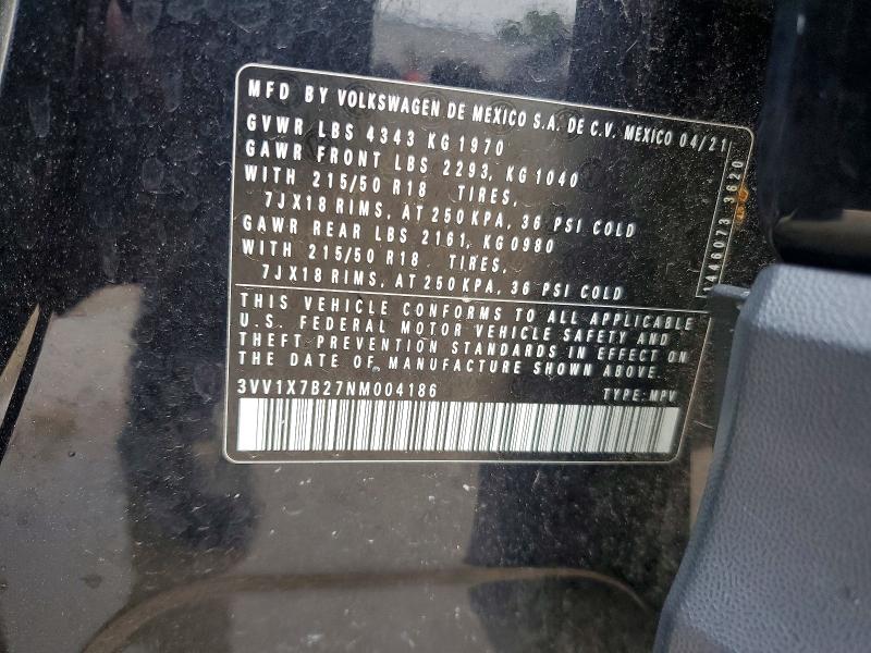 56508596 :رقم المزاد ، 3VV1X7B27NM004186 vin ، 2022 Volkswagen Taos مزاد بيع