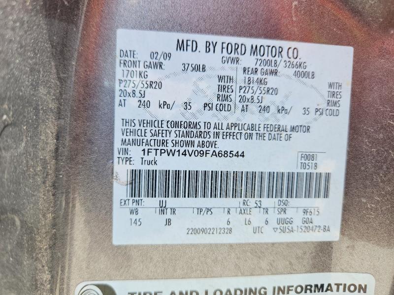 2009 Ford F150 მანქანა იყიდება აუქციონზე, vin: 1FTPW14V09FA68544, აუქციონის ნომერი: 55589676