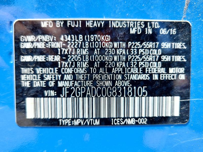 2016 Subaru Crosstrek მანქანა იყიდება აუქციონზე, vin: JF2GPADC0G8318105, აუქციონის ნომერი: 57419536