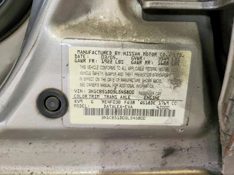 Aukcja sprzedaży 2005 Nissan Sentra, vin: 3N1CB51D05L545800, numer aukcji: 57781106