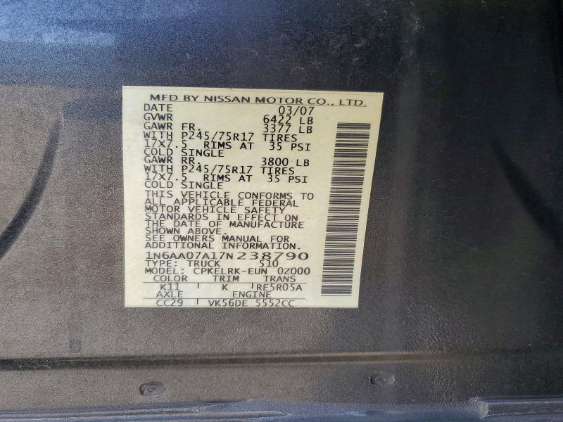2007 Nissan Titan მანქანა იყიდება აუქციონზე, vin: 1N6AA07A17N238790, აუქციონის ნომერი: 57954926
