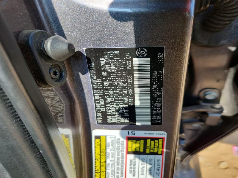 58204516 :رقم المزاد ، 4T1B11HK0KU753939 vin ، 2019 Toyota Camry مزاد بيع