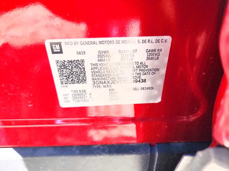 55407466 :رقم المزاد ، 3GNAXJEV0KS649438 vin ، 2019 Chevrolet Equinox مزاد بيع